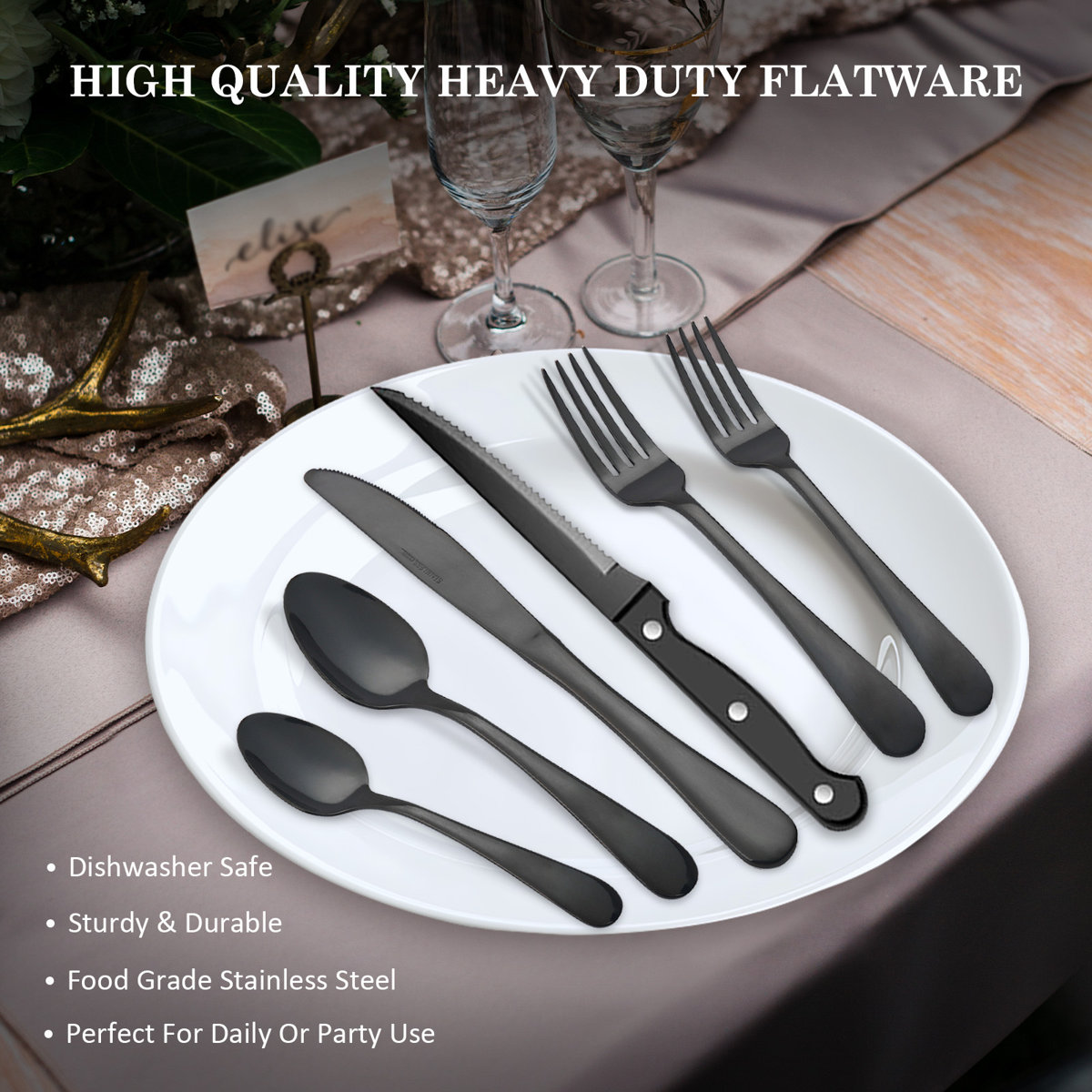 48-piece, 430 Stainless Steel, flatware Set, service For 8, knives, forks, spoons, steak Knives, salad Forks, teaspoons, cutlery Set, silverware, heavy Duty, rustproof